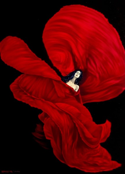 Karminowa, obraz Mariusza Zdybała, z cyklu Loie Fuller, 2024
